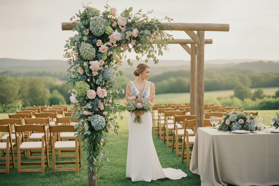 A Bloomcast preview: a bride holding her bouquet at a floral arch, with a matching table arrangement beside her